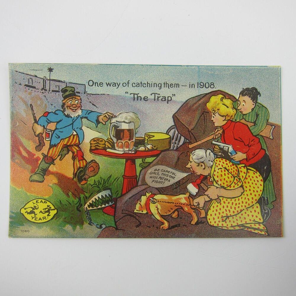 Leap Year Women Hunt Man Lure with Beer Marriage Humor Unposted Antique 1908